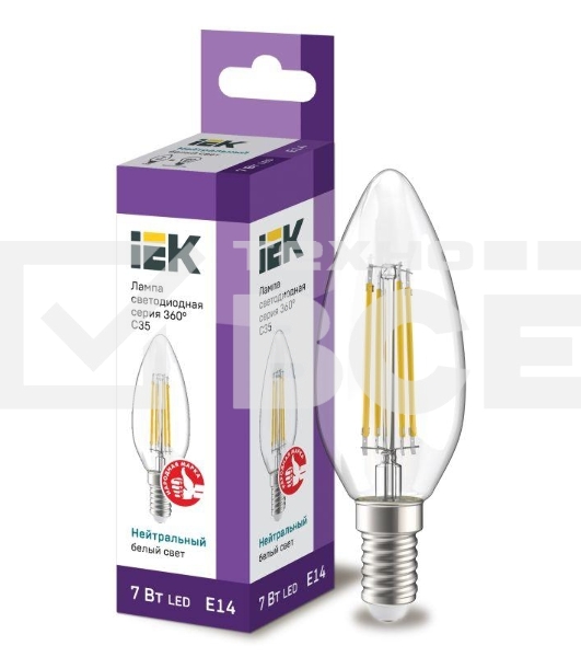 Лампа cветодиодная LED C35 Iek LLF-C35-7-230-40-E14-CL свеча прозр. 7Вт 230В 4000К E14 серия 360°