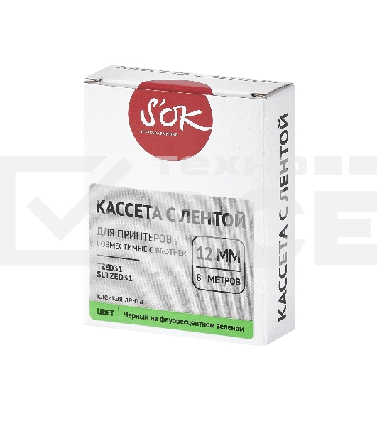 Кассета с лентой S'OK by Sakura Printing TZED31 для Brother, черный на зеленом, 12мм/8м, наклейка
