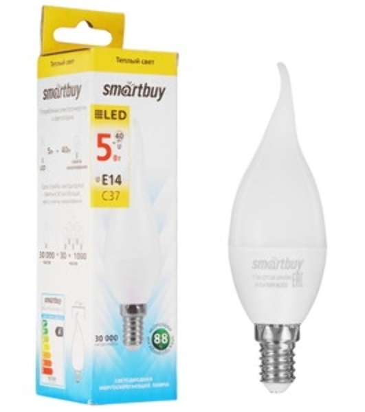 Светодиодная (LED) свеча Smartbuy SBL-C37Tip-05-30K-E14 на ветру матовая 05W/3000/E14