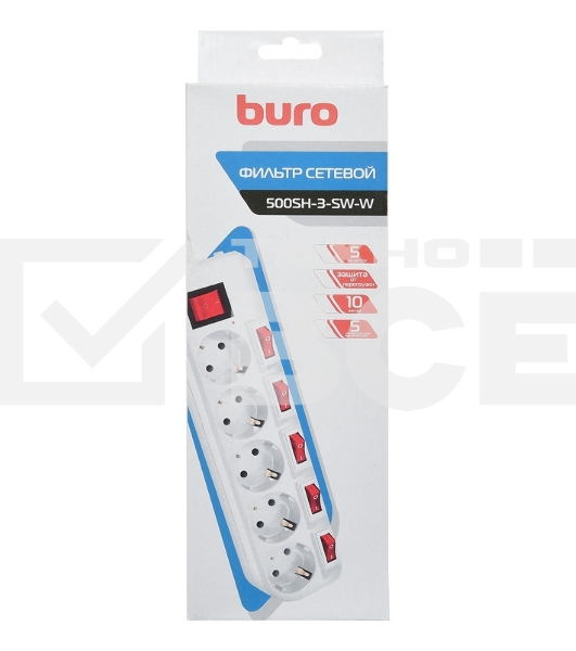 Сетевой фильтр Buro 500SH-3-SW-W 3м (5 розеток) белый (коробка)