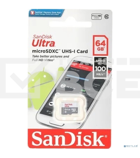 Флеш карта microSD 64GB SanDisk microSDXC Class 10 Ultra UHS-I 100MB/s