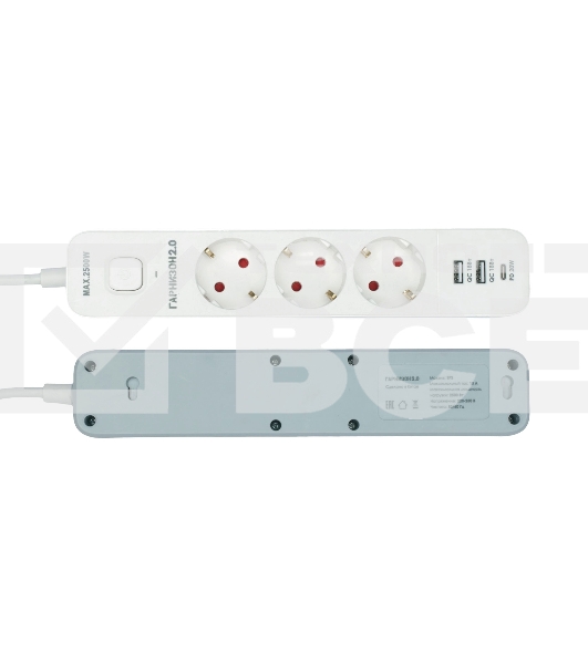 Сетевой фильтр Гарнизон EPS-3-CU2-W-2 2.0 Мультипорт 3р, 10А, 1xType-C PD, 2 х USB QC, 2м, ур.защиты 2+, белый, пак (21448)