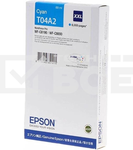 Картридж струйный Epson C13T04A240 голубой (8000 стр.) для WF-C8190 / WF-C8690