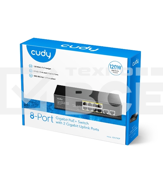 Коммутатор Cudy 8 RJ-45 10/100/1000M PSE ports +2 RJ45 10/100/1000 Uplink Port Unmanaged PoE+ Switch 120W, CCTV/VLAN mode support, long distance:250M at CCTV mode. 802.3af/at standard, Aternative 1/2(+),3/6(-), Rack-mountable Steel Case, Watchdog, 120W internal