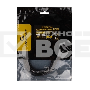 Кабель-удлинитель USB2.0 Cablexpert CCP-USB2-CMCF-3M, Type-C(М)/Type-C(F), 3А, 60Вт, PD/QC3.0, медь, Pro, 3м, черный, пакет