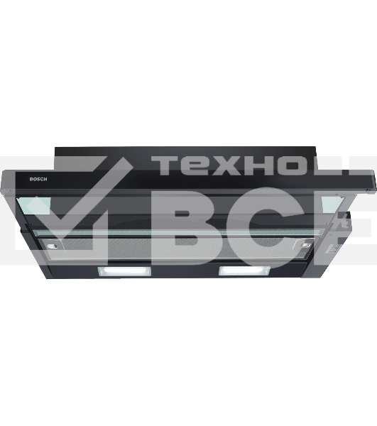 Встраивамая вытяжка Bosch Serie 2 DFT63CA60Q с выдвижным экраном, 60 см, цвет черный, производительность до 300 м3/ч, режим отвода/циркуляции, 3 ступени мощности, кулисные переключатели, LED-освещение