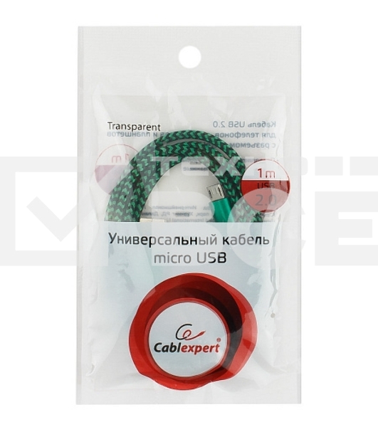 Кабель Gembird  USB 2.0 Cablexpert CC-mUSB2gn1m, AM/microBM 5P, 1м, нейлоновая оплетка, алюминиевые разъемы, зеленый, пакет