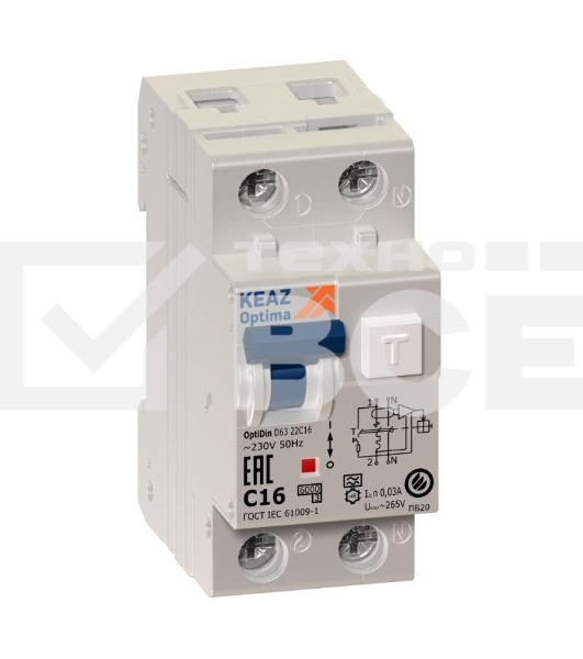 Выключатель автоматический дифференциального тока 2п (1P+N) C 16А 30мА тип A 6кА OptiDin D63 УХЛ4 2мод. КЭАЗ 103507