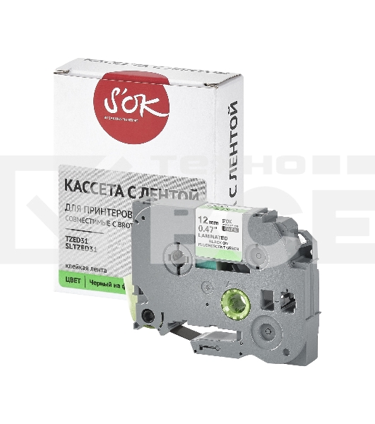 Кассета с лентой S'OK by Sakura Printing TZED31 для Brother, черный на зеленом, 12мм/8м, наклейка