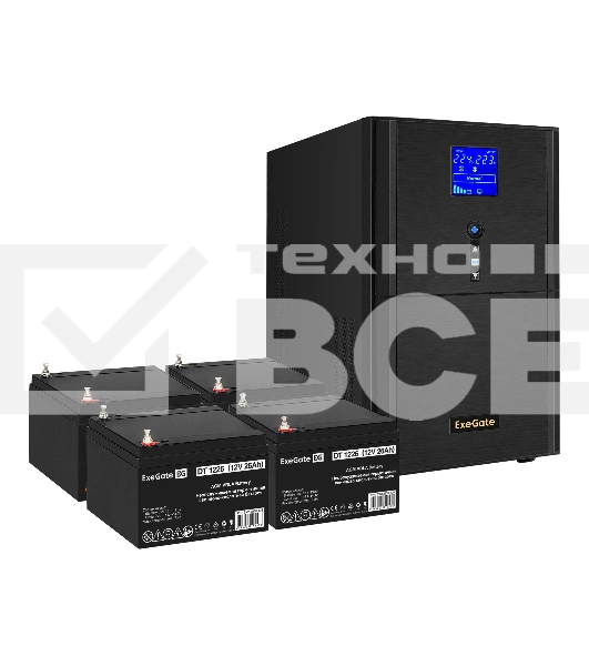 Комплект Источник бесперебойного питания EX295991RUS + батарея 26Aч EX282970RUS 4шт (инвертор, синус, для котла) ExeGate SineTower SZ-5000.LCD.AVR.2SH.1C13.T.RJ.USB <5000VA/4000W, чистый синусоида, LCD дисплей, AVR, 2*Schuko+1*C13+клеммы, RJ45/11, USB, ли