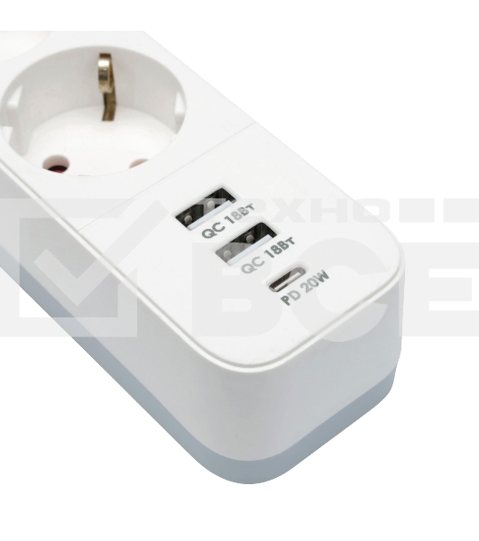 Сетевой фильтр Гарнизон EPS-3-CU2-W-2 2.0 Мультипорт 3р, 10А, 1xType-C PD, 2 х USB QC, 2м, ур.защиты 2+, белый, пак (21448)