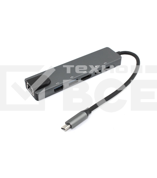 Адаптер Type C на HDMI, USB 3.0*2 + RJ45 + Type C*2, серый
