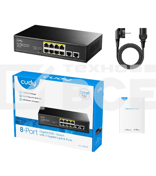 Коммутатор Cudy 8 RJ-45 10/100/1000M PSE ports +2 RJ45 10/100/1000 Uplink Port Unmanaged PoE+ Switch 120W, CCTV/VLAN mode support, long distance:250M at CCTV mode. 802.3af/at standard, Aternative 1/2(+),3/6(-), Rack-mountable Steel Case, Watchdog, 120W internal