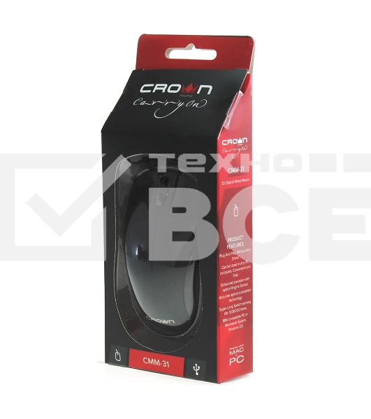 Мышь проводная Crown CMM-31 черный, 1000 dpi, USB, кнопки - 3