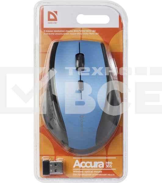Мышь беспроводная Defender Accura MM-365 синий, 1600 dpi, радиоканал, USB, кнопки - 6