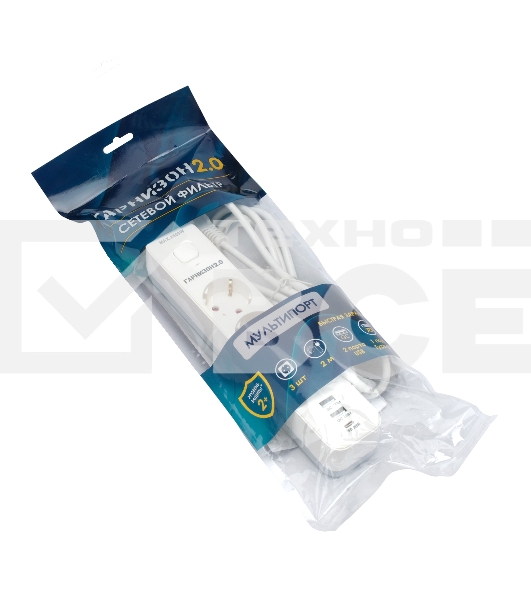 Сетевой фильтр Гарнизон EPS-3-CU2-W-2 2.0 Мультипорт 3р, 10А, 1xType-C PD, 2 х USB QC, 2м, ур.защиты 2+, белый, пак (21448)
