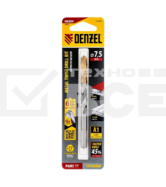 Сверло спиральное по металлу 7,5 x 109мм, Р6М5, Golden Tip, многогранная заточка Denzel