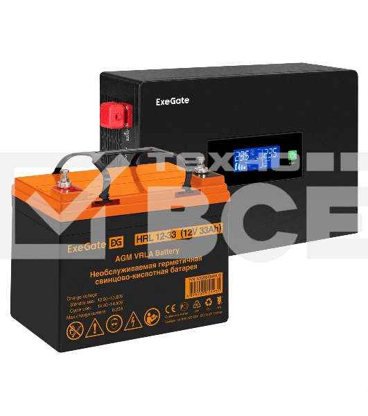 Комплект Источник бесперебойного питания EX295993RUS + батарея 33Aч EX285664RUS 1шт (инвертор, синус, для котла, PF=1, настенный) ExeGate IdealSine SR-1000.LCD.2SH <1000VA/1000W, чистая синусоида, цветной LCD-дисплей, 2*Schuko, крепление настенное, Black>