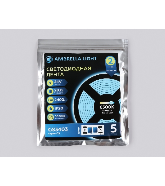 Светодиодная лента Ambrella light GS3403 2835 240Led/ 20W m/ 24V IP20 6500K/ 5000*10*1.2mm (2 конт.)