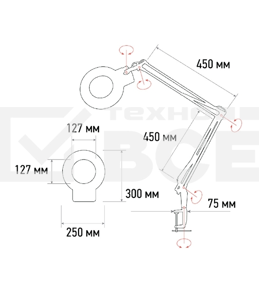 Лупа на струбцине Rexant, круглая, 5D, с подсветкой 56 SMD LED, черная 31-0406