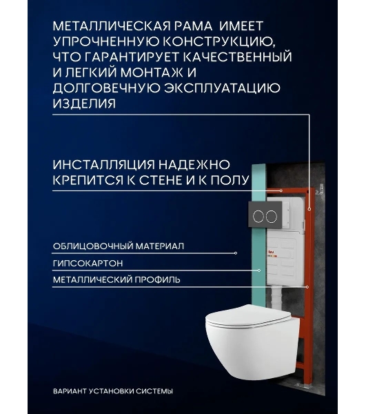 Комплект BAU 6 в 1: усиленная инсталляция BAU IDEAL, унитаз подвесной Rio Luxe 52*35, сиденье микролифт, кнопка смыва BAU Round Gun gray для инсталляции IDEAL, серый металлик