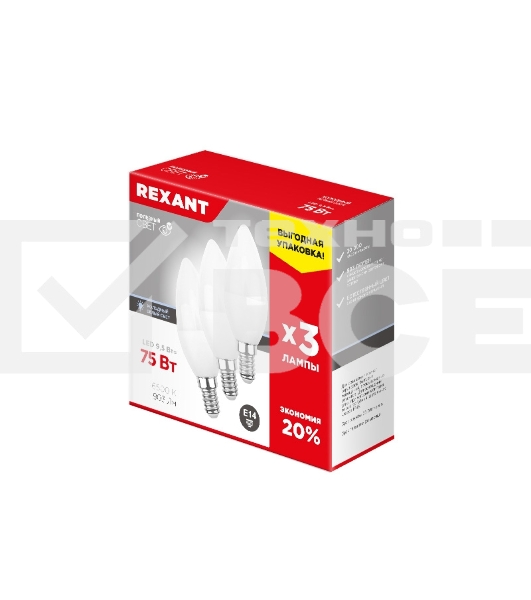 Лампа светодиодная Rexant Свеча CN 9.5 Вт E14 903 Лм 6500 K холодный свет (3 шт./уп.)