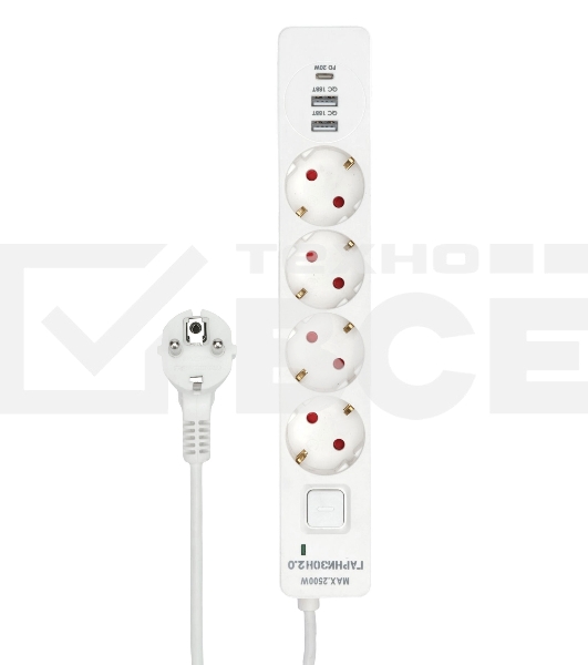 Сетевой фильтр Гарнизон EPS-OP-4-CU2-W-2 2.0 Мультипорт 4р, 10А, 1xType-C PD, 2 х USB QC, 4м, ур.защиты 4+, белый, пак(21449)