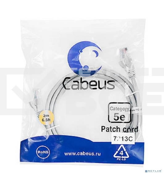 Патч-корд Cabeus PC-UTP-RJ45-Cat.5e-2m U/UTP, cat.5е, 2xRJ45/8p8c, неэкранированный, серый, PVC, 2м