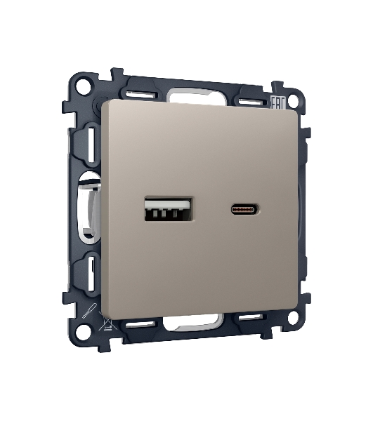 Комплект механизма розетки ALFA Серо-бежевый матовый 2USB A+C 20W (быстрая зарядка) QUANT (AP3710, VM177) MA371010