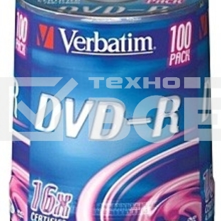 Диск DVD-R Verbatim 4.7Gb 16x Cake Box (100шт) (43549)