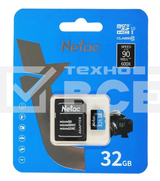 Флеш карта microSDHC 32GB Netac P500 <NT02P500STN-032G-R> (с SD адаптером) 80MB/s