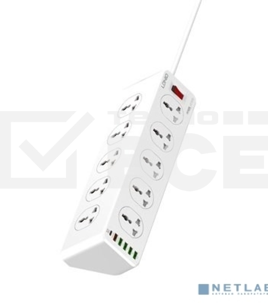 Сетевой удлинитель LDNIO SC10610/ 2м/ 10 розеток EU_UK_US/ 2500W/ 6 USB: QC 3.0+PD 3.0 30W/ White