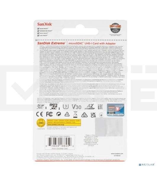 Флеш карта microSDXC 128GB SanDisk EXTREME Class 10, UHS-I, W90, R 190 МБ/с, SDSQXAA-128G-GN6MA адаптер на SD