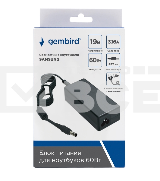 Блок питания Gembird для ноутбуков SAMSUNG NPA-AC29, 19В/3.16А, 60Вт, штекер 5.5x3мм