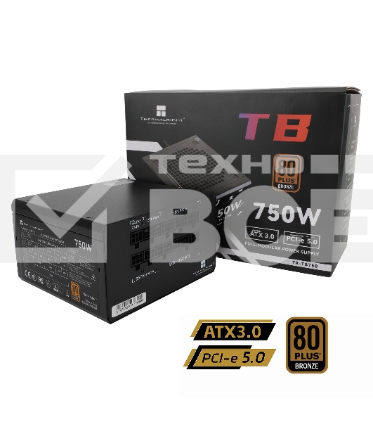 Блок питания Thermalright, 750W 80+ Bronze (ATX, 3.0, PCIe 5.0, Full modular, 1x24(20+4)pin, 2xCPU 8(4+4)pin, 4xPCIe*2 8(6+2)pin, 3xSATA3, 1x12+4pin (12VHPWR PCIe 5.0 12+4pin 600mm), 3xMOLEX4pin, Active, 120x120mm, 150x140x86mm, APFC, black)