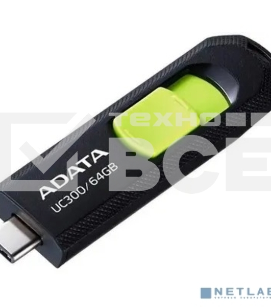 Флешка USB ADATA UC300 (ACHO-UC300-64G-RBK/GN), 64Gb, Type-C USB 3.2, R/W 100/30, черный/зеленый