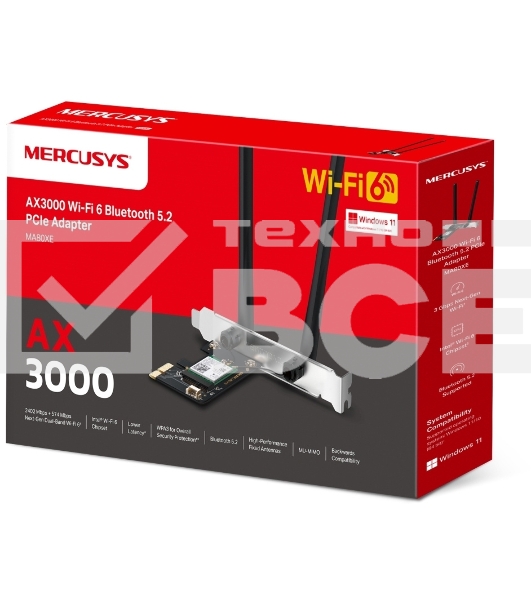 Сетевой адаптер Wi-Fi + Bluetooth Mercusys MA80XE AX3000 PCI Express (ант.внеш.несъем.) 2ант.