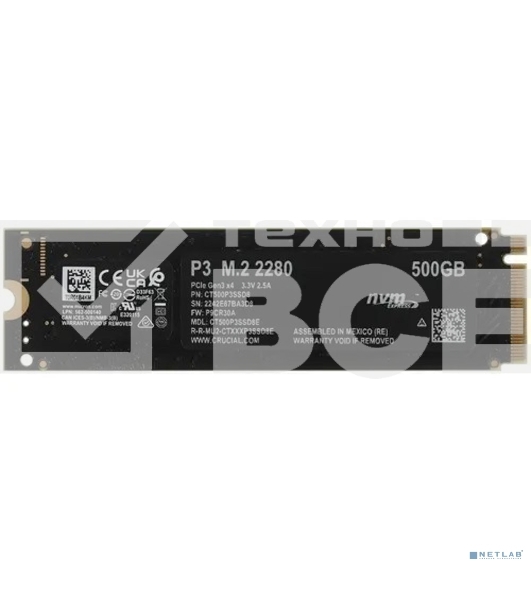 Накопитель SSD Crucial P3, 500Gb, M.2 2280, PCIe 3.0 x4, NVMe, R/W 3500/1900