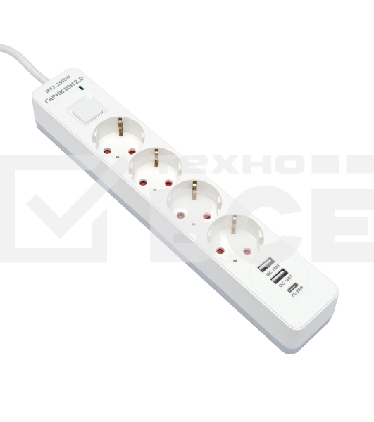 Сетевой фильтр Гарнизон EPS-OP-4-CU2-W-2 2.0 Мультипорт 4р, 10А, 1xType-C PD, 2 х USB QC, 4м, ур.защиты 4+, белый, пак(21449)