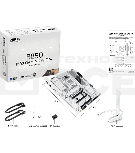 Материнская плата ASUS B850 MAX GAMING WIFI W, AM5, AMD B850, 4xDDR5, 4xSATA, 3xM.2, 1xPCIe 5.0 x16, 1xPCIe 4.0 x4, 2xPCIe 3.0 x1, 1xDisplayPort, 1xHDMI, 1x2.5Gb LAN, Wi-Fi 6E, Bluetooth 5.3, 1xUSB-C 10Gbps, 3xUSB-A 10Gbps, 2xUSB-A 5Gbps, 2xUSB-A 2.0, 3x3