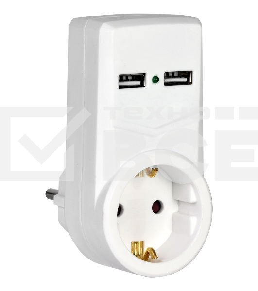 Белый адаптер Т-01/01 1 место 2P+PE 16А 2хUSB 2,1A IEK