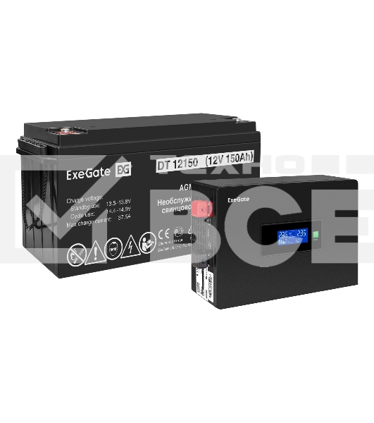 Комплект Источник бесперебойного питания EX295993RUS + батарея 150Aч EX282990RUS 1шт (инвертор, синус, для котла, PF=1, настенный) ExeGate IdealSine SR-1000.LCD.2SH  <1000VA/1000W, чистая синусоида, цветной LCD-дисплей, 2*Schuko, крепление настенное, Blac
