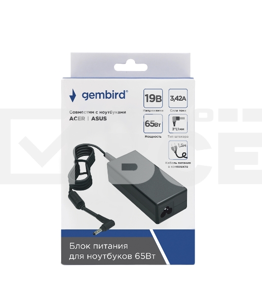 Блок питания Gembird для ноутбуков ACER, ASUS NPA-AC36, 19В/3.42А, 65Вт, штекер 3х1.1мм, коробка