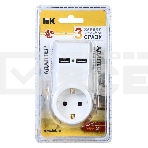 Белый адаптер Т-01/01 1 место 2P+PE 16А 2хUSB 2,1A IEK, фото 1