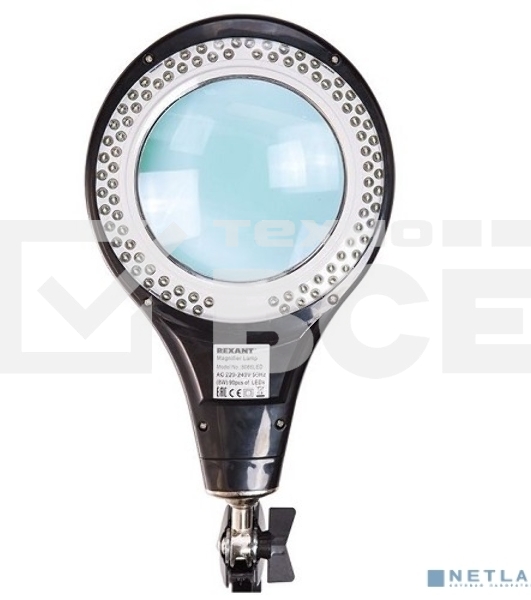 Лупа на струбцине Rexant, круглая, 5D, с подсветкой 56 SMD LED, черная 31-0406