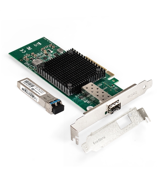 Комплект: Сетевой адаптер SFP+ ExeGate EXE-X520-DA1 + Трансивер Single-Mode до 10км EXT-10G-SM1310-LC2-10KM (EX296227RUS PCI-E x8 v2.0, порты 1x SFP+ 10Gb/s (10/5/2.5/1Gb/s, 100Mb/s), Server NIC Intel Chipset JL82599EN + EX298326RUS: Tx:1310/Rx:1310 нм, до 10 км, разъем Duplex LC)