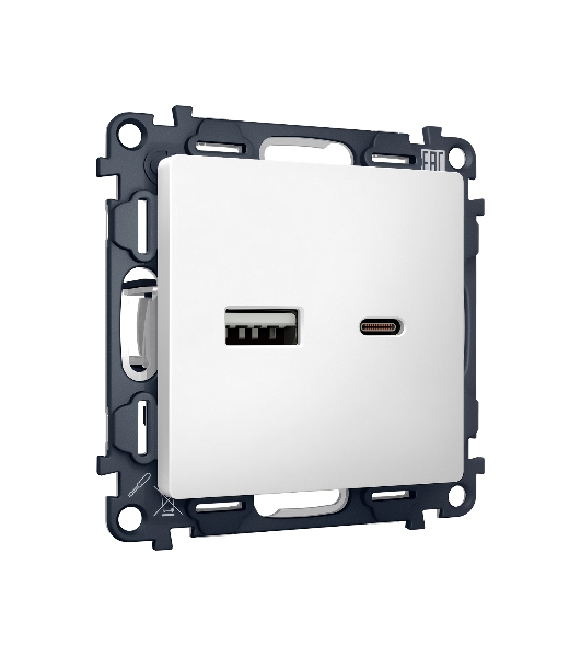 Комплект механизма розетки ALFA Белый матовый 2USB A+C 20W (быстрая зарядка) QUANT (AP1310, VM177) MA131010