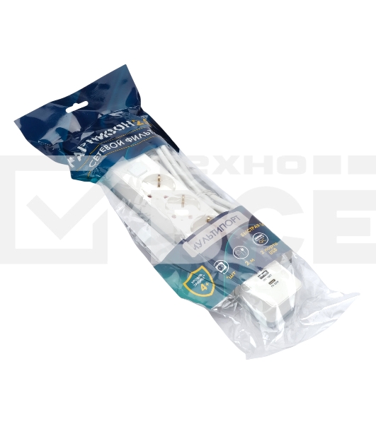 Сетевой фильтр Гарнизон EPS-OP-4-CU2-W-2 2.0 Мультипорт 4р, 10А, 1xType-C PD, 2 х USB QC, 4м, ур.защиты 4+, белый, пак(21449)