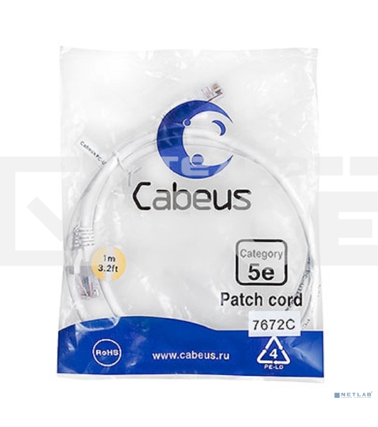 Шнур комм. Cabeus, кат. 5е, неэкр., U/UTP, RJ45/RJ45, LSZH, AWG24, 1м, белый