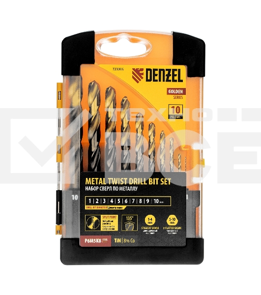 Набор сверл по металлу Denzel 1-10 мм, Р6М5К8-TiN, Golden Tip, 10 шт 723005
